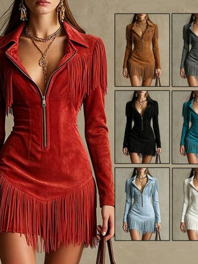 Western- Fringed Long-sleeve Deep-V Dress