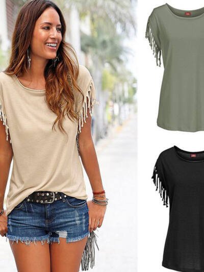 Wish quick sale eBay ladies Europe and America big size round neck short sleeve cuffs tassel T-shirt cotton tops