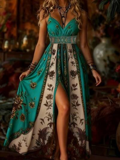 Bohemian Sling Printed Split Maxi Dress