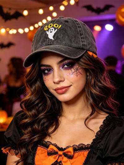 2pcs Halloween Boo Ghost Baseball Cap, Vintage Washed Cotton Hat For