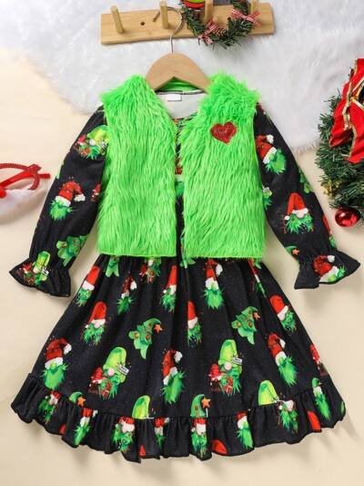 Toddler Kids Baby Girl Christmas Dress Outifts, Long Sleeves Cartoon