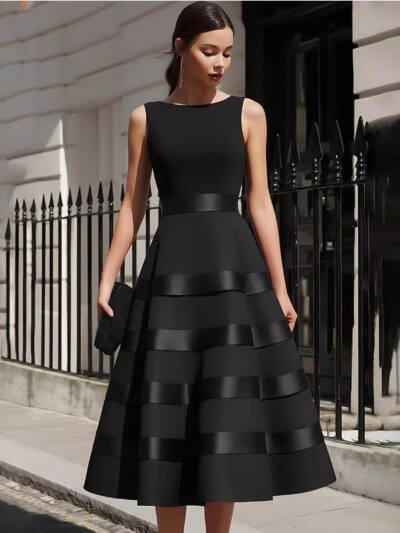 Womens Sleeveless Tiered Waist-Cinching Dress