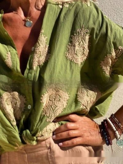 Printed Women's Long Sleeve Lapel Button Ladies Shirt