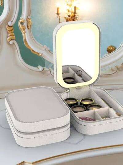 Portable Travel Makeup Bag With LED Mirror Rechargeable Beauty 3 Color