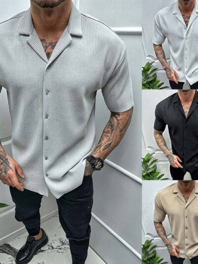 Men's Cardigan Solid Color Short Sleeve Shirt