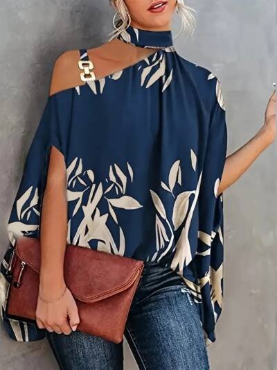 Leaves Print One Shoulder Blouse, Elegant Chain Strap Mock Neck Short