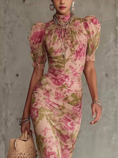 Puff-sleeve Printed Slim-fit Long Pleated Dress