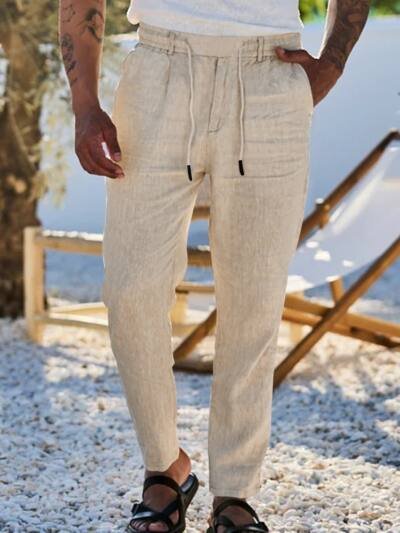 Autumn Thin Casual Cotton And Linen Drawstring Straight-leg Trousers