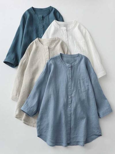 Linen Shirt Stand-up Collar White Women's Clothing