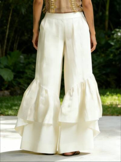 White High Waist Tiered Ruffle Hem Wide Leg Pants