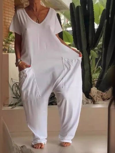 Oversized V-Neck Jumpsuit with Pockets