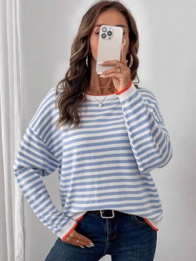Striped Crewneck Long-sleeve T-shirt Loose-fit Top That Flatters The