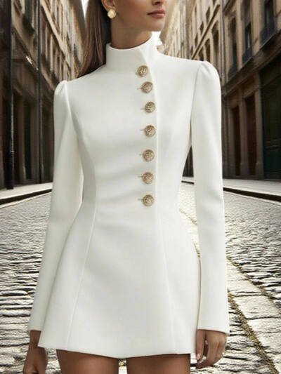 Women's Solid Color Stand Collar Single-Breasted Blazer Dress - Long