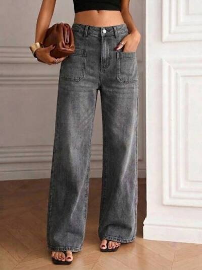 Women Gray High Waist Loose Denim Trousers Front Patch Pockets Soft