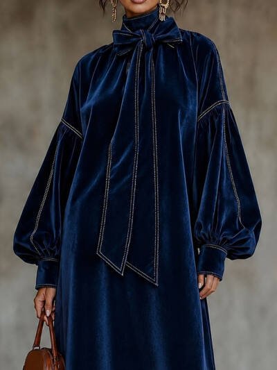 High-neck Velvet Dress With Bow