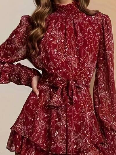 High Waist All-matching Belt Long Sleeve Dress