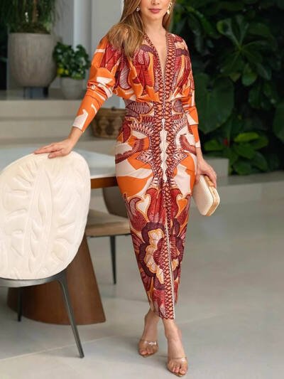 Fashion Personality Printed V-neck Dress Women
