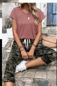 Summer Solid Color Round Neck Short Sleeve T-Shirt And Leopard Print
