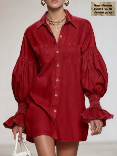 Puff-sleeve Denim Printed Shirt Dress