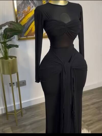 Women's Mesh Cutout Bodycon Maxi Dress, Long Sleeve Party Evening Gown