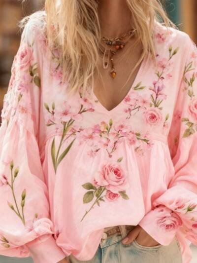 Floral Embroidery Casual V-neck Puff Sleeve Top