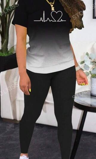 Gradient Heart Pattern Print Short Sleeve T-Shirt And Leggings Sports