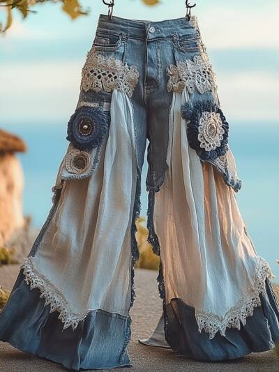 Lace Embroidered Layered Flared Wide-leg Casual Trousers