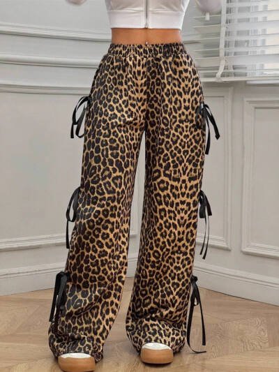 Elastic Waist Solid Color Bow Lace Up Casual Straight-leg Pants