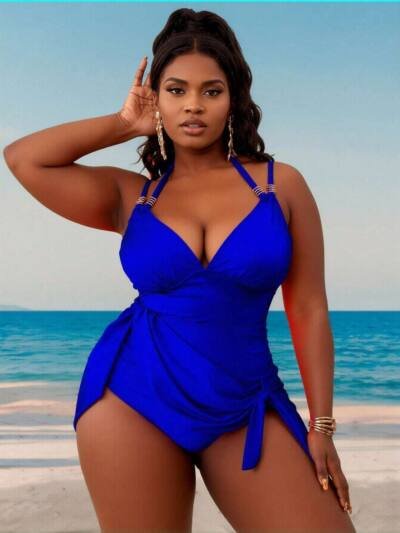 Solid Halter One-Piece Swimsuit, Deep V Push-Up & Side Strap, Modest