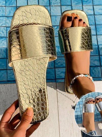 Fashion Crocodile-textured Slides Slippers Summer Square Toe Flat