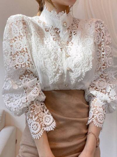 Design Style Blouse Lace Stand-up Collar Long-sleeved Shirt Women