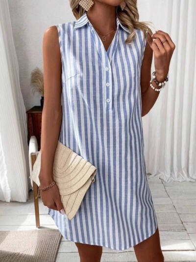 Minimalist Sleeveless V-neck Buttons Striped Shirt Dress