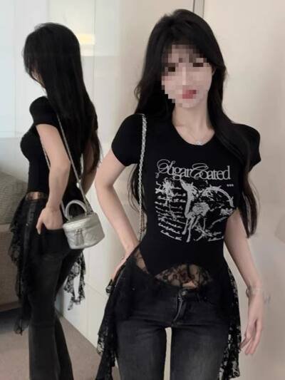Lace-Panel American Chic Short-Sleeve Womens T-Shirt