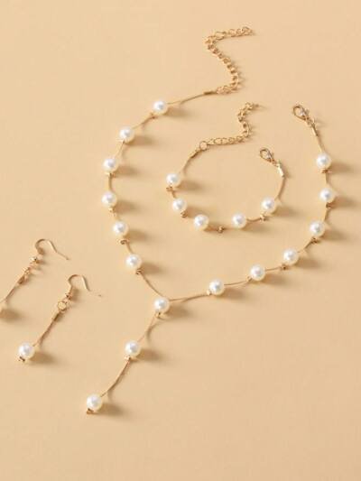 4-piece Imitation Pearl Earrings, Bracelets, Necklace Jewelry Set