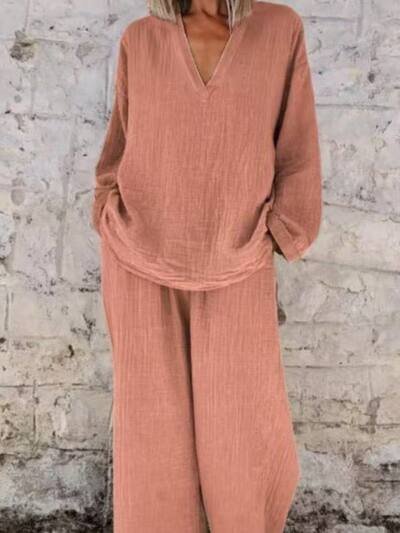 Women's Solid Color Casual V-neck Pullover Long Sleeve Trousers Suit