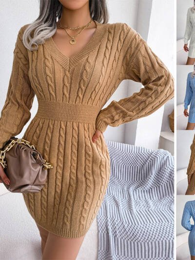Solid Color V-Neck Long Sleeve Knit Dress Fashion Slim Waisted Hip