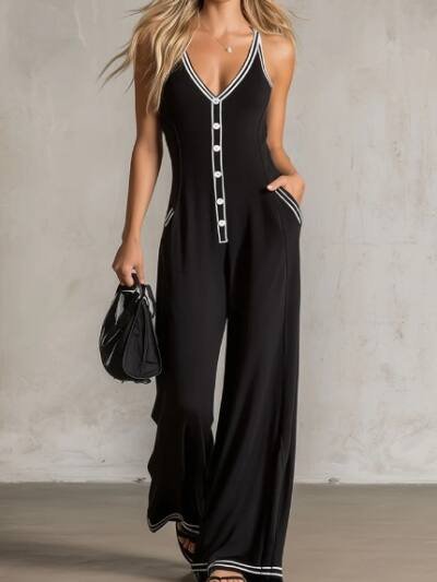 Wide Leg Sleeveless V-neck Buttoned Casual Jumpsuit