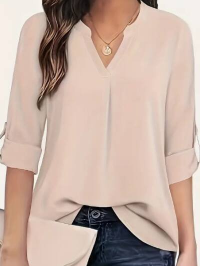 Chic Solid V-Neck Blouse - Fashionable Simplicity For Women - Relaxed Casual Long Sleeve Style