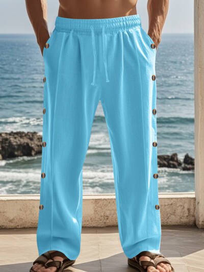 Drawstring Waist Side Button Solid Color Casual Men's Straight Pants