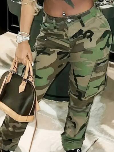 Plus Size Camouflage Jeans High Waist Multi-pocket Straight-leg Pants
