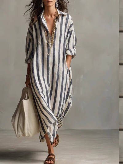 Striped Print Dress Summer Split Collar Short Sleeve Long Dresses