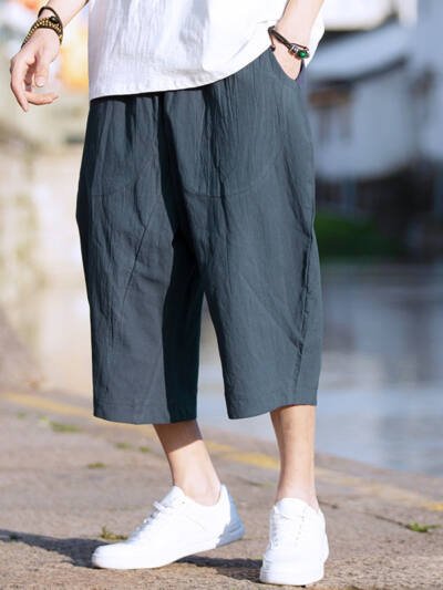 Linen Cropped Pants Mens Summer Thin Loose Plus Size