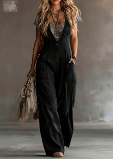 Vintage Single-breasted Strap Wide-leg Jumpsuit