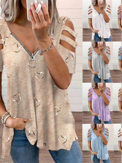 V-neck Zipper Printing Short-sleeved Loose Casual T-shirt Women's Top