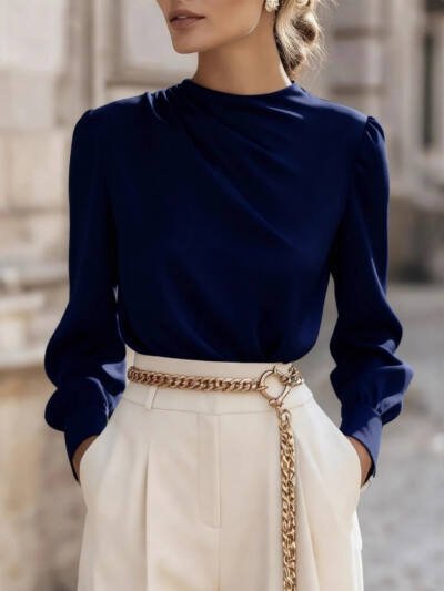 Simple Commuting Temperament Pleated High-neck Lantern Sleeve Blouse For Women
