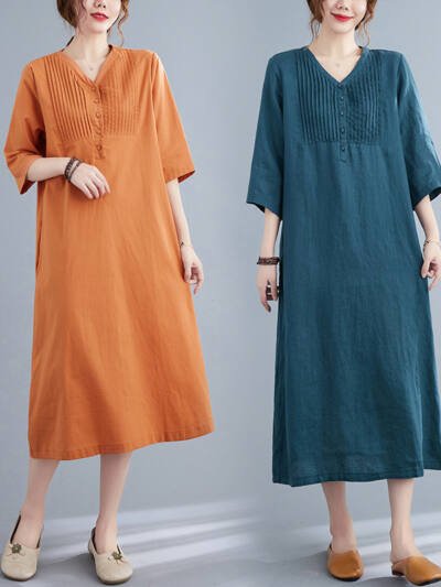 Artistic Loose Solid Color Cotton And Linen V-neck Half-length Sleeve