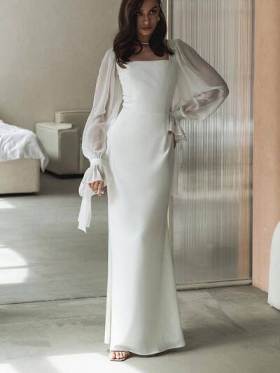 Square Collar Stitching Mesh Flared Sleeves Waist Slimming Fishtail