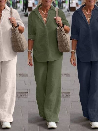Lapel-collar Long-sleeve Shirt Casual Solid-color Pants Wide-leg Set