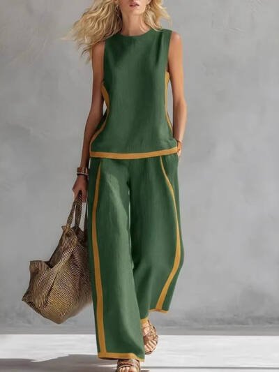 Summer Suits Round-neck Sleeveless Vest Top And High-waist Wide-leg