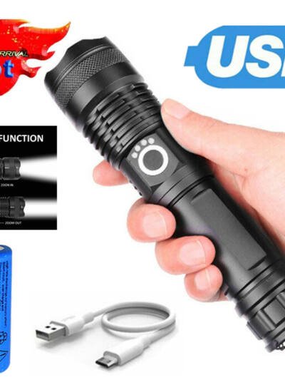 LED Flashlight Zoom USB Rechargeable Super Bright Torch Camping Lamp